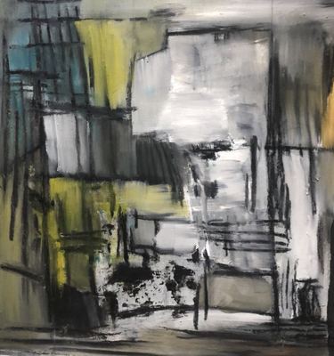 Untitled, oil, cold wax medium and charcoal on wood panel, 24 x 24 in.