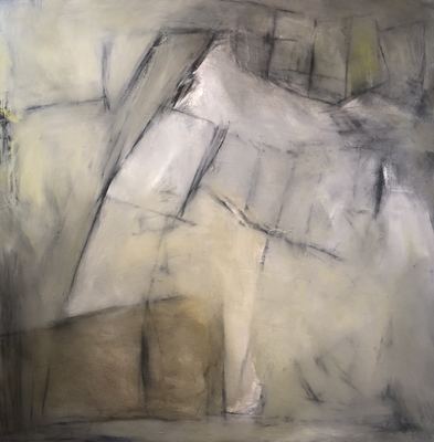 Untitled, oil, cold wax medium and charcoal on wood panel, 48 x 48 in.