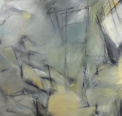 Untitled, oil, cold wax medium and charcoal on wood panel, 48 x 48 in.
